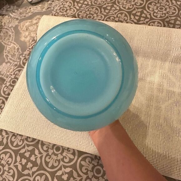 Sky Blue Ruffled Trim Blown Glass Jug With Handle / Vase Centerpiece Art Vintage - Picture 7 of 8